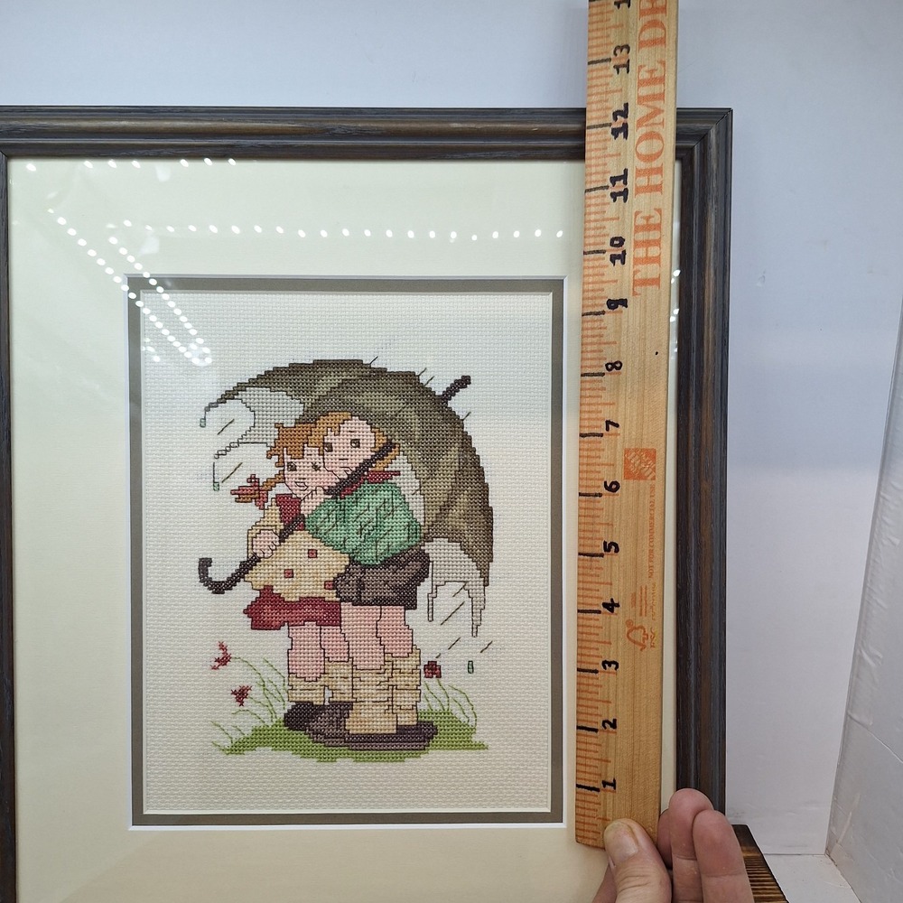 Vtg Finished Needlepoint GIRL BOY UMBRELLA Folk Art Sampler Embroidery Framed - Picture 9 of 9